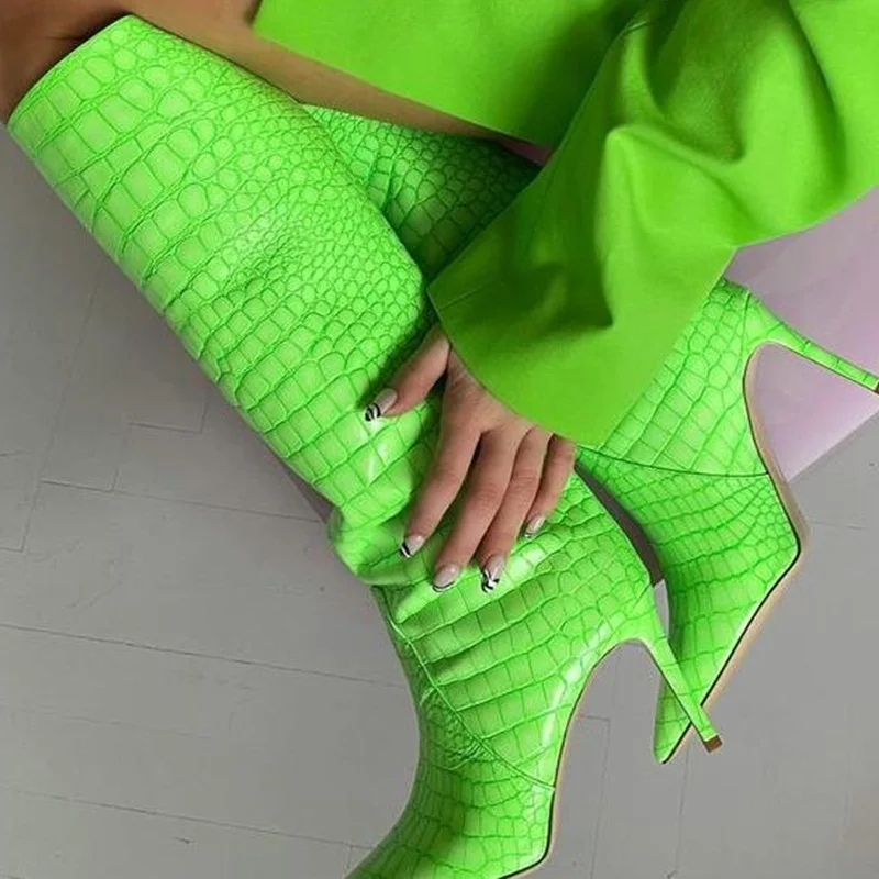 

Stylish Fluorescent Crocodile Pattern Knee High Boots Stiletto Heels Pointy Toe Winter Long Boots Snakeskin Celebrating Shoes