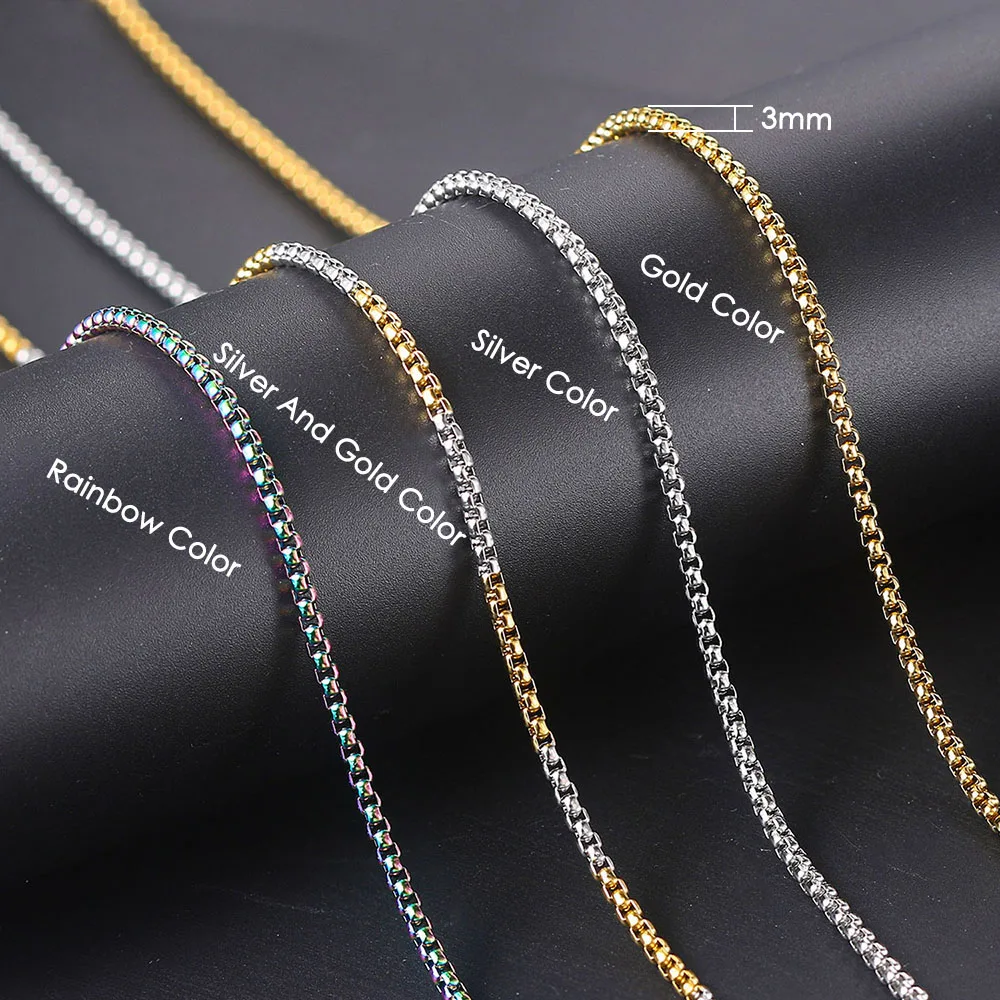 Hip Hop Necklaces For Men Women Gold Color Stainless Steel Necklace 3MM Square Pearl Chain Rapper Chain Personality Jewelry C021
