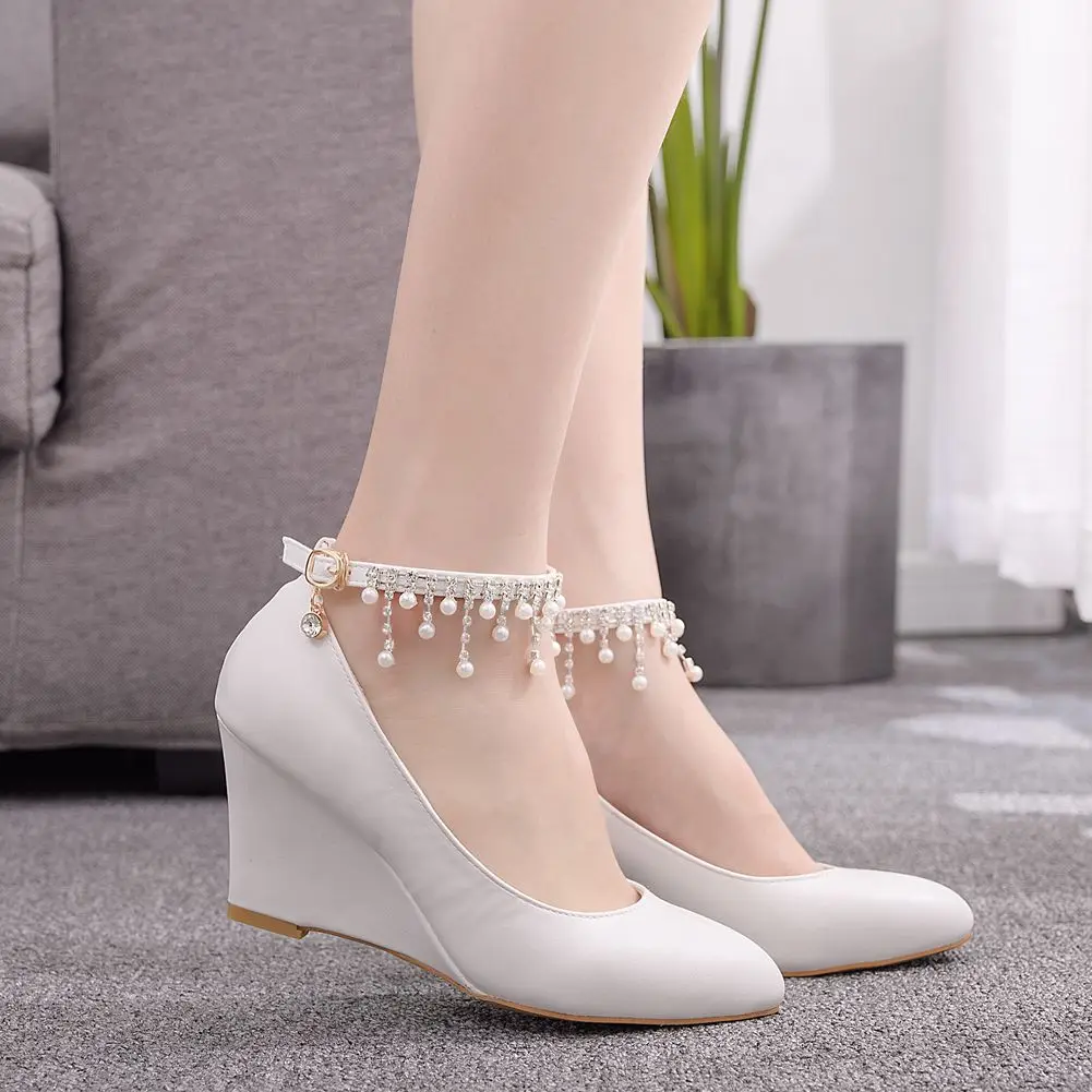 

Women Wedge Sandals Summer Bead Studded Detail Platform High Heels Buckle Strap Thick Bottom Casual Shoes Ladies