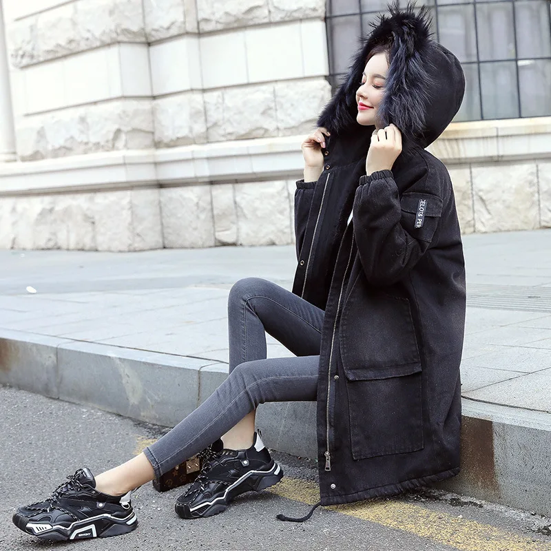 Jeans Coat Cotton-padded Jacket Women's 2019 Winter New Style Korean-style Mid-length Large Fur Collar Hooded plus Velvet Thick
Jeans Coat Cotton-padded Jacket Women's 2019 Winter New Style Korean-style Mid-length Large Fur Collar Hooded plus Velvet Thick