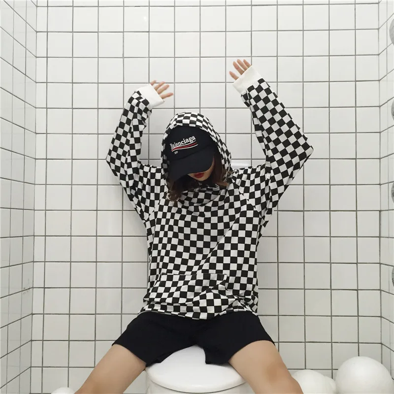 Корейский стиль женская толстовка Harajuku Checker женские толстовки пуловер в стиле