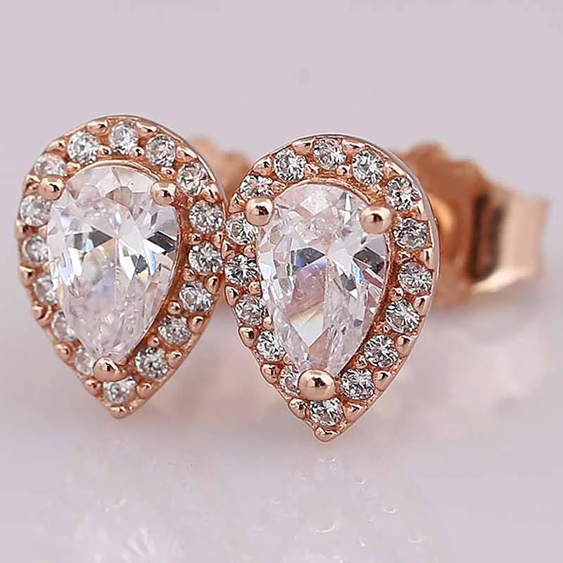 

Original Rose Radiant Teardrop Studs Earring With Crystal For Women 925 Sterling Silver Earring Wedding Gift Europe Jewelry