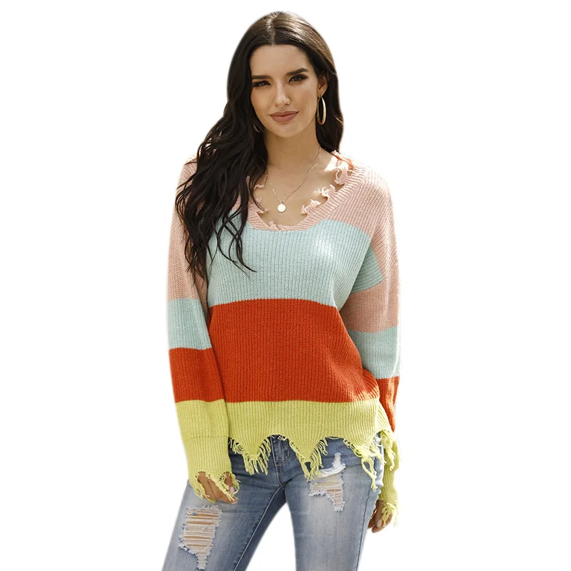 2020 Fall/winter Tattered Sweater Women European and American Lazy Style V-neck Stripe Stitching Contrast Color Tattered Sweater
2020 Fall/winter Tattered Sweater Women European and American Lazy Style V-neck Stripe Stitching Contrast Color Tattered Sweater
