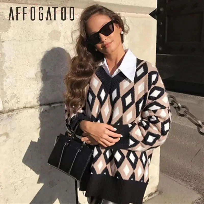 Affogatoo Elegant v-neck plaid sweater pullover women Autumn winter knitted female sweater Long sleeve streetwear ladies jumper
Affogatoo Elegant v-neck plaid sweater pullover women Autumn winter knitted female sweater Long sleeve streetwear ladies jumper