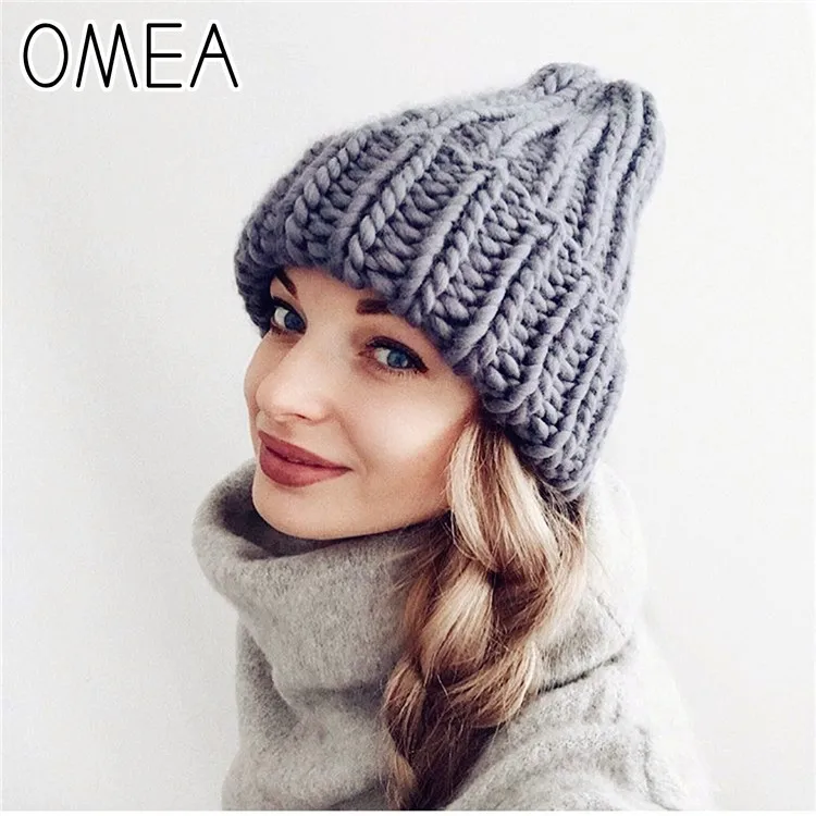 

OMEA European Women's Knitted Hat Wool Cap Warming Girl's Fashion Winter beanie Warming solid Curled Coarse Knitted couple hat