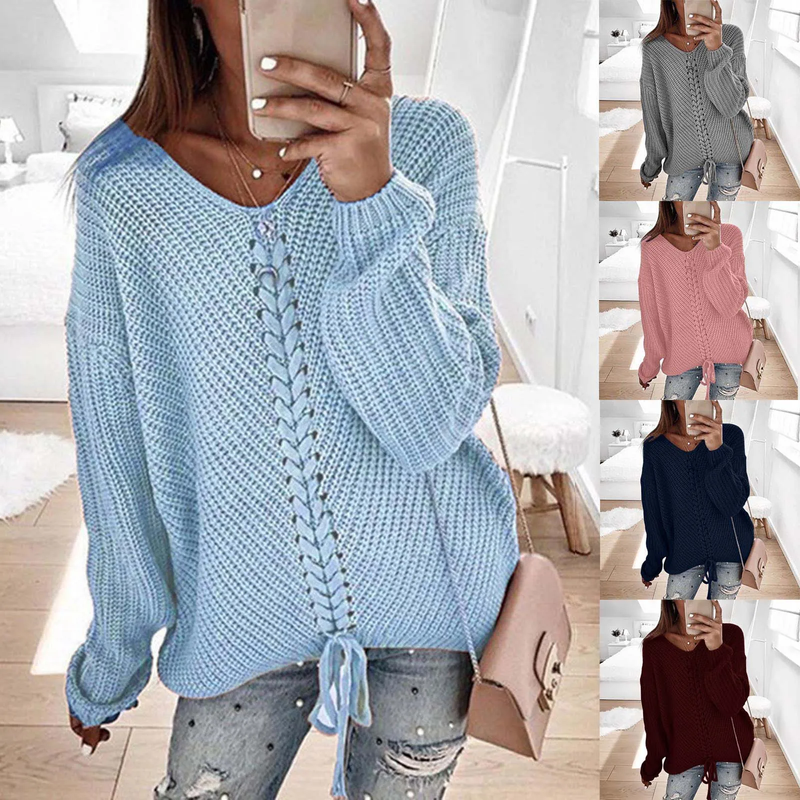 2020 Pullover Sweater Knitted Women Winter Fashion Solid Long Sleeve Loose V-Neck Drawstring Open Back Knitting Sweater Tops q5
2020 Pullover Sweater Knitted Women Winter Fashion Solid Long Sleeve Loose V-Neck Drawstring Open Back Knitting Sweater Tops q5