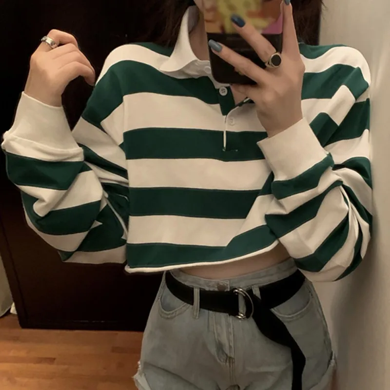 Women Autumn Casual Exposed Navel Striped T-Shirt Lapel Long Sleeved Simple Casual Shirt Wild T Shirt Tops
Women Autumn Casual Exposed Navel Striped T-Shirt Lapel Long Sleeved Simple Casual Shirt Wild T Shirt Tops