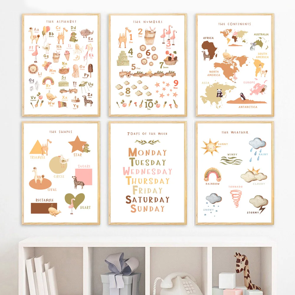 Alphabet Number Weather Shape Map Nursery Wall Art Canvas Painting Nordic Posters And Prints Pictures Baby Kids Room Decor | Дом и сад