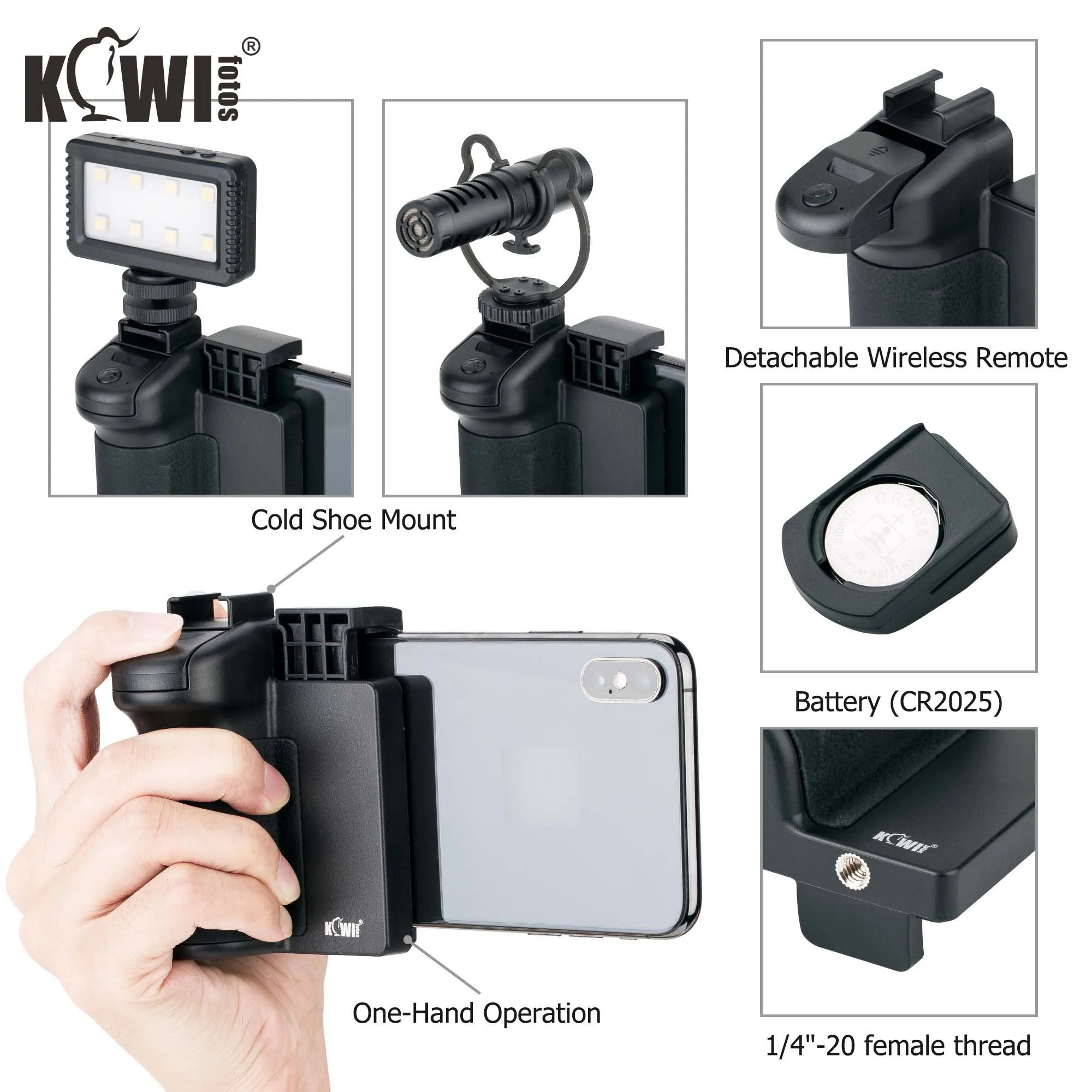 Wireless Remote Phone Grip for Vlog Shooting Live Streaming, Cold Shoe on LED Lamps Microphones, 1/4"-20 Female Thread on Tripod
Wireless Remote Phone Grip for Vlog Shooting Live Streaming, Cold Shoe on LED Lamps Microphones, 1/4"-20 Female Thread on Tripod
