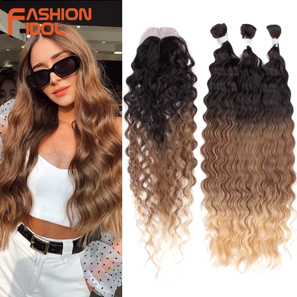 

FASHION IDOL Synthetic Hair Extensions Body Wave Hair Bundles With Closure 26 inch Ombre Blonde Hair Weaving Bundles For Women