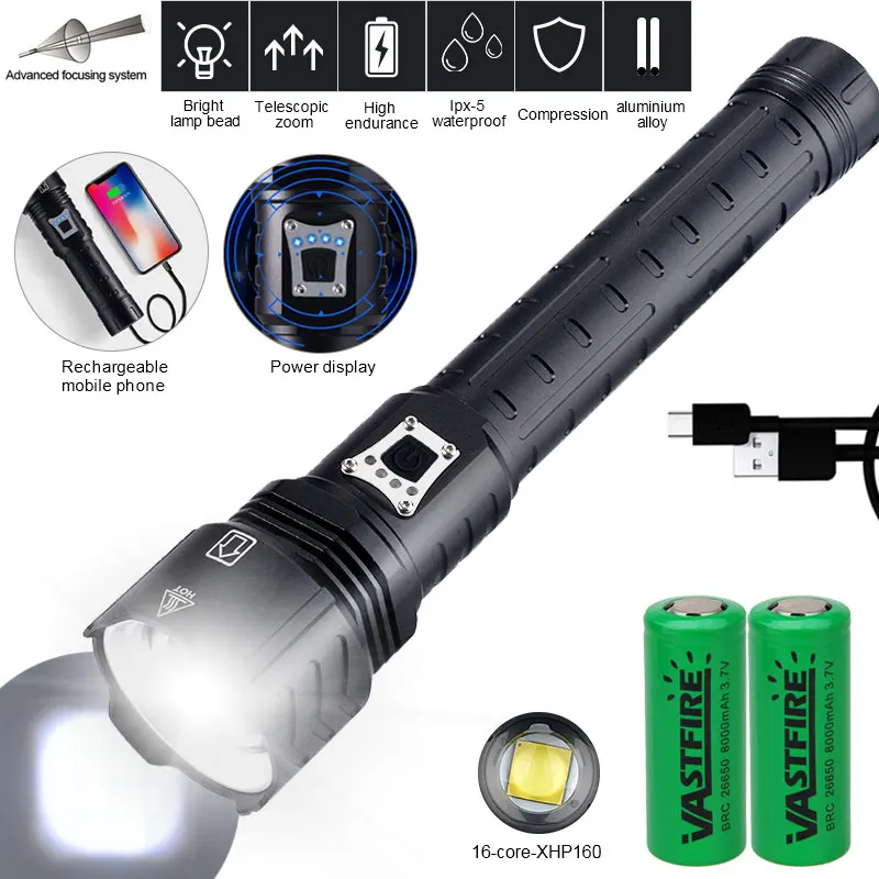 16-Core XHP160 Ultra Powerful 10000LM Zoomable Flashlight Handheld Waterproof Tactical Hunting Light USB Charge As Power Bank
16-Core XHP160 Ultra Powerful 10000LM Zoomable Flashlight Handheld Waterproof Tactical Hunting Light USB Charge As Power Bank