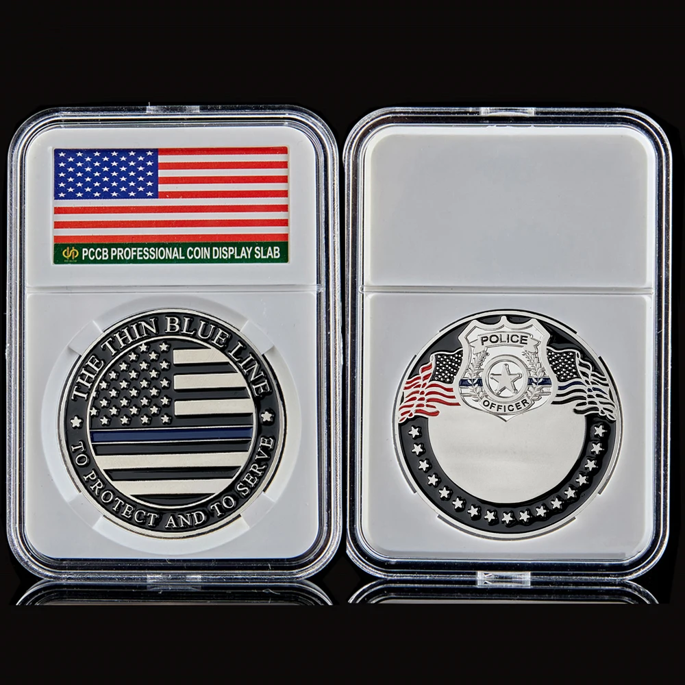 

USA Flag Police Department Officer The Thin Blue Line To Protect And To Serve Challenge Coin W/ Capsule