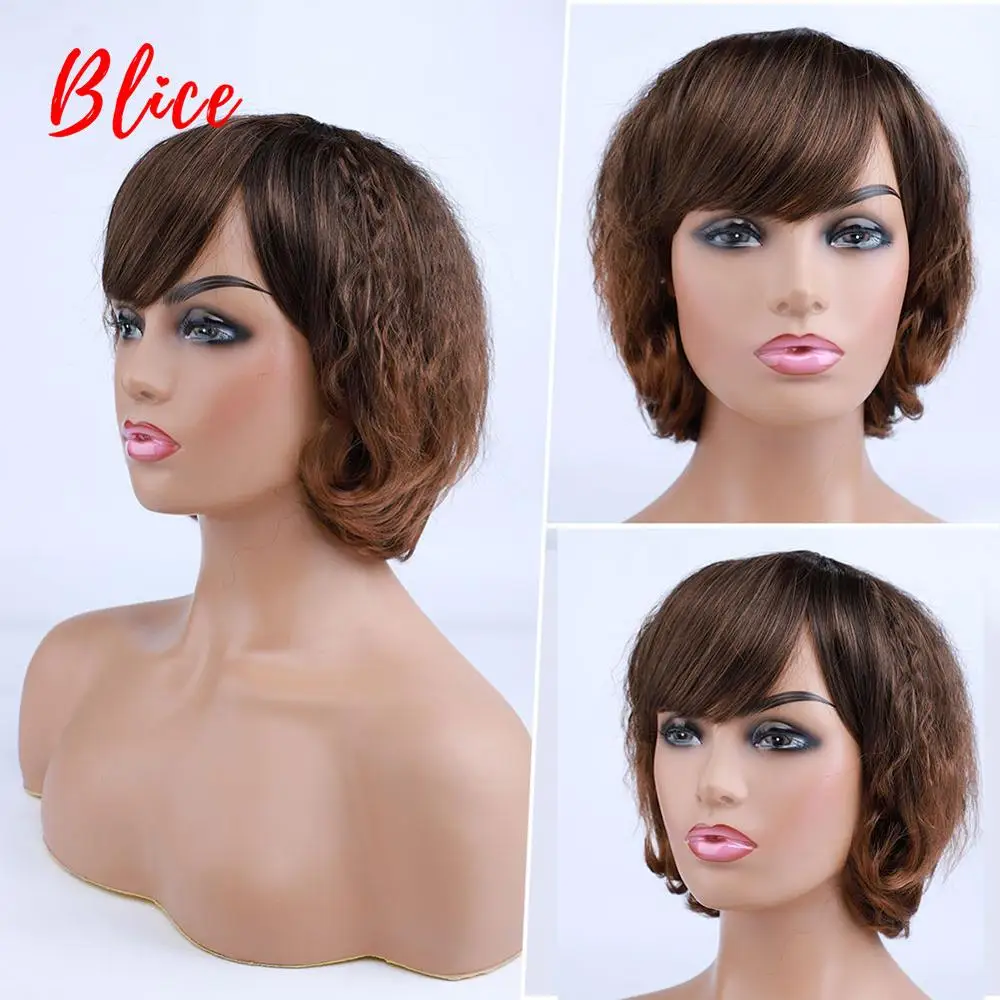 

Blice 8" Mixed Brown Color 2/30 Short Curly Wig With Blunt Free-Side Bang Synthetic Wigs For African American