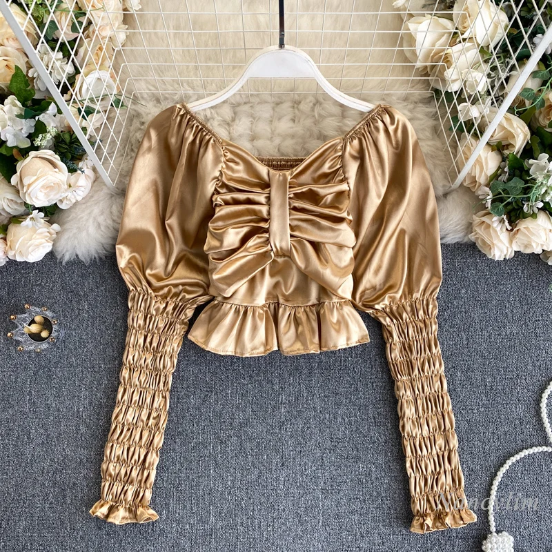 Court Style Top Women's Pleated Fold Short Slim Puff Long Sleeve Satin Shirt Female Autumn All-Match Basic Blouses
Court Style Top Women's Pleated Fold Short Slim Puff Long Sleeve Satin Shirt Female Autumn All-Match Basic Blouses
