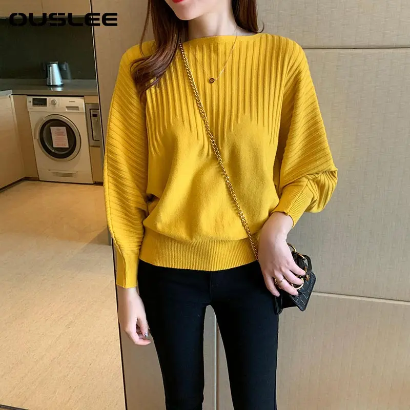 

OUSLEE-Women's Long Sleeve Casual Loose Sweater, Monochromatic Pullover, Elegant Jumper, Knitwear Clothes