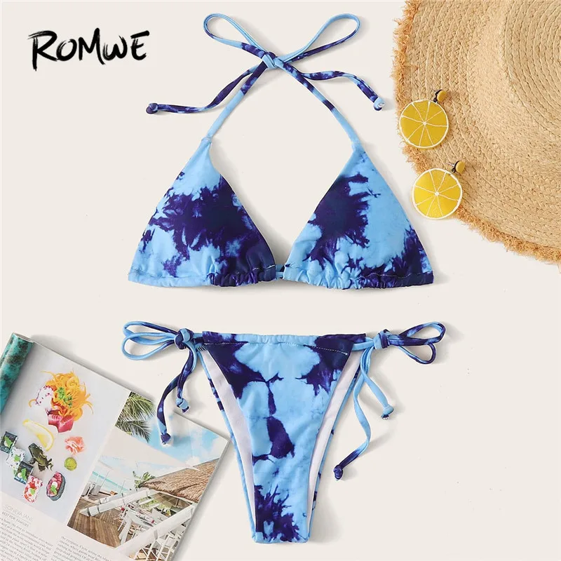 

Romwe Sporty Random Tie Dye Halter Bikini With Thong Bikini Bottom Summer Women Sexy Swimsuit Beach Boho Blue Backless Swimsuits