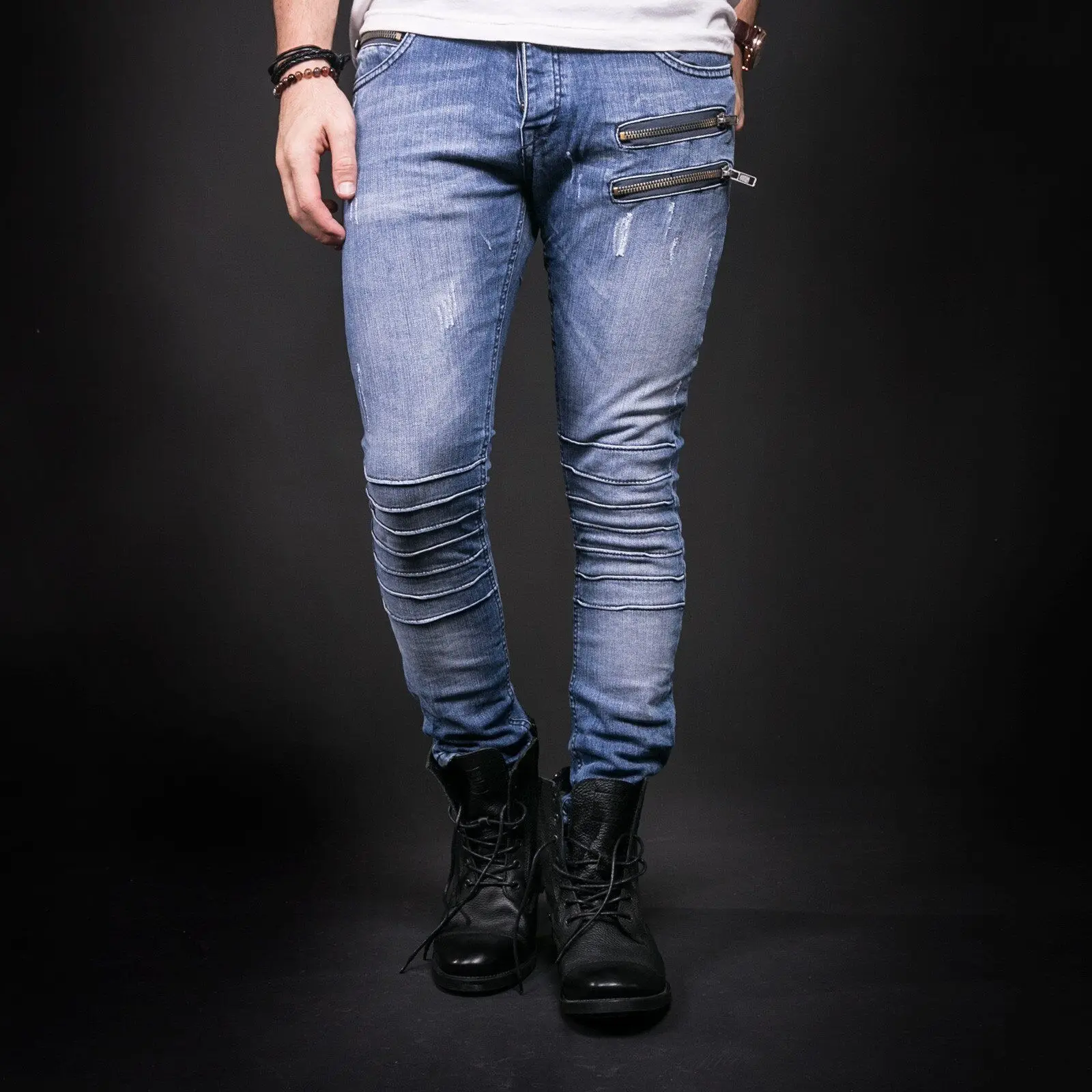 

2019 Men Stylish Pleated Jeans Pants Biker Skinny Strech Straight Frayed Denim Trousers New Fashion Elastic Side Zipper Jeans