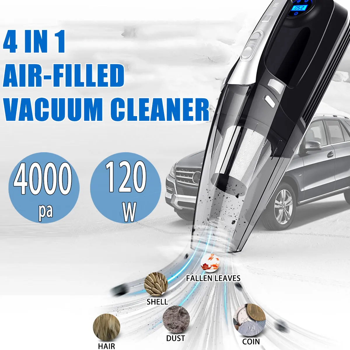 4 in 1 Digital Display Vacuum Cleaner with Tire Inflator Pump Pressure Gauge Multifunction Handheld Vacuum Cleaner For Home Car
4 in 1 Digital Display Vacuum Cleaner with Tire Inflator Pump Pressure Gauge Multifunction Handheld Vacuum Cleaner For Home Car