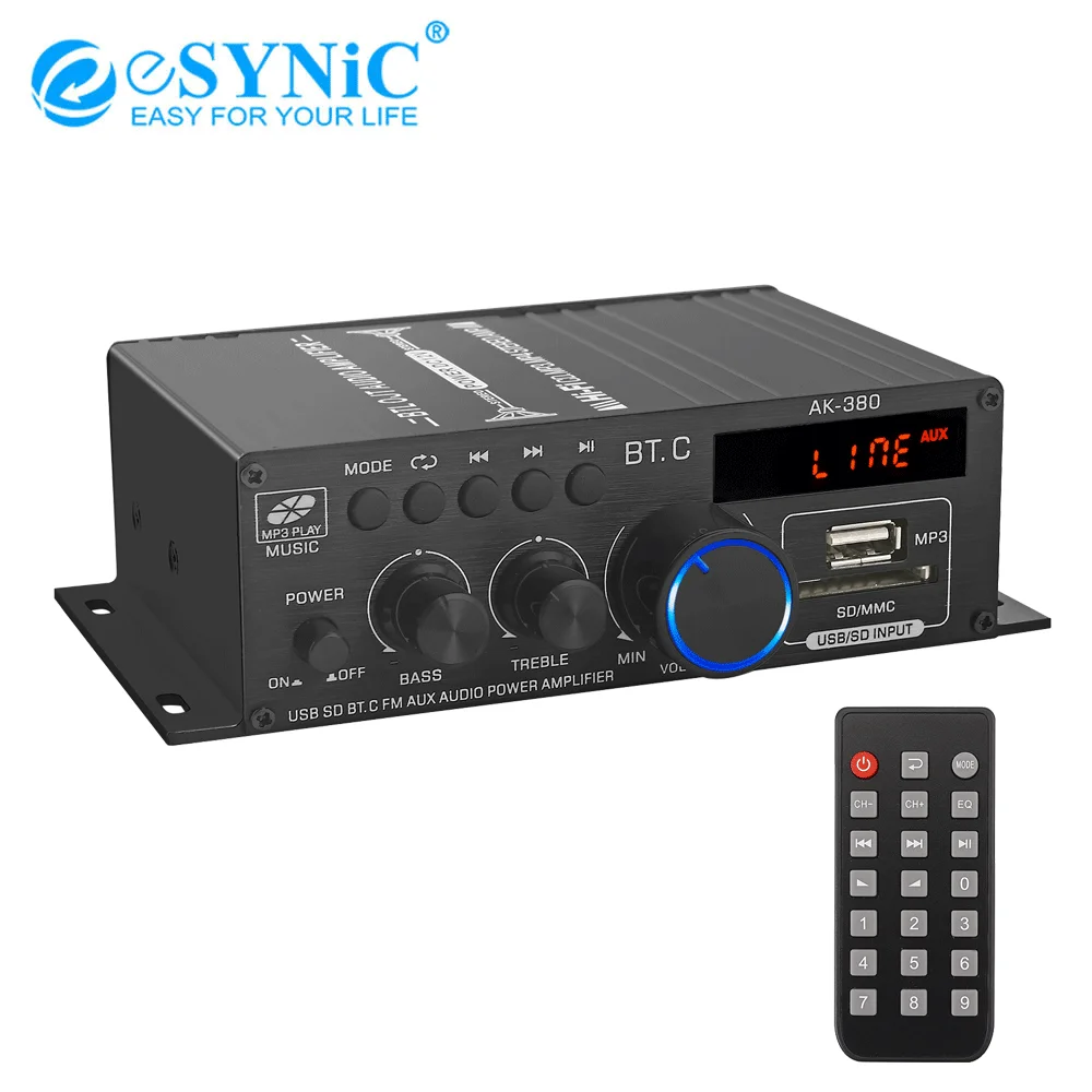eSYNiC AK-380 Mini Audio Power Amplifier 2.0 CH Bluetooth-compatible 5.0 Receiver Bass & Treble Control Music Player Sound Amp |
