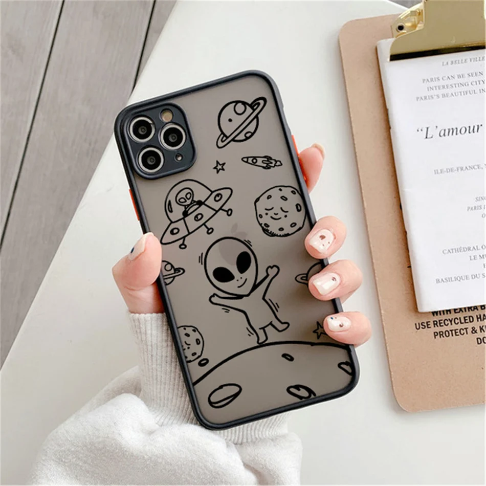 Cartoon Alien Shockproof Phone Case For iPhone 7 8 Plus 11 Pro Max 12 Mini XS Max X XR SE 2020 Cute Camera Protection Back Cover