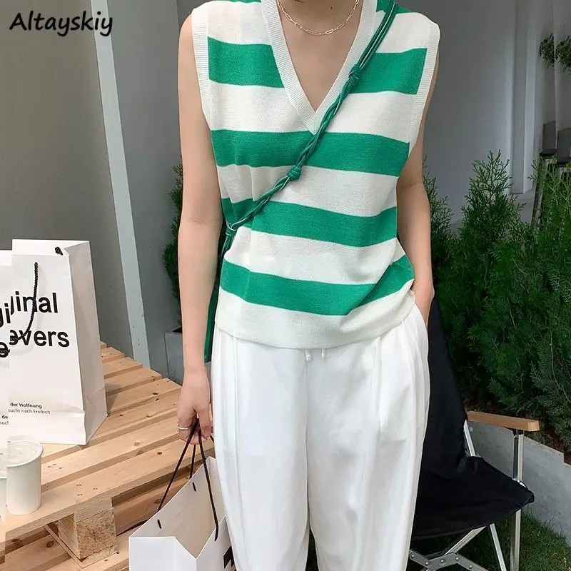 

Sweaters Vests Women Trendy V-neck Striped Vintage Style Loose Summer Preppy Version Chic Leisure All-match Students Knitting