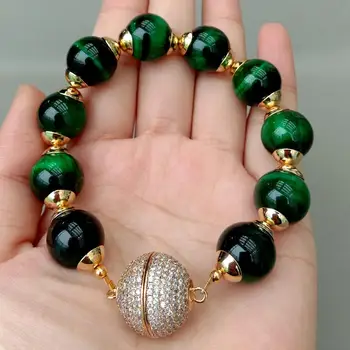 8'' 14mm Round Green Tiger 's Eye statement Bracelet-gold color plated magnet clasp Men Fashion Luxury 
8'' 14mm Round Green Tiger 's Eye statement Bracelet-gold color plated magnet clasp Men Fashion Luxury