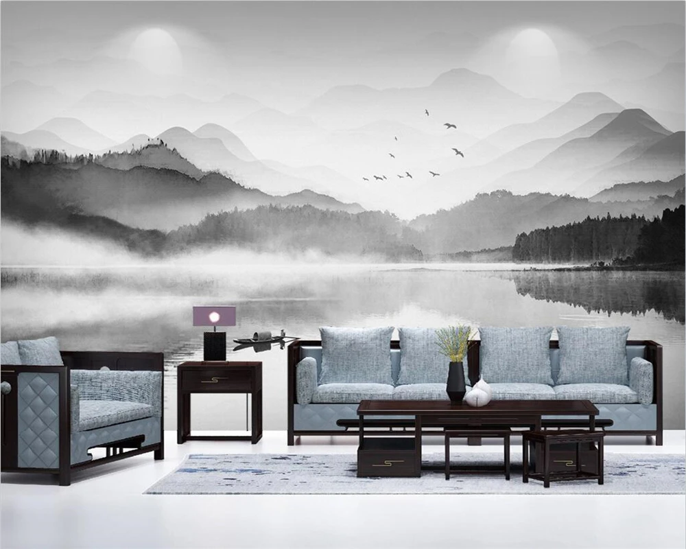 

beibehang Customized modern new Chinese black and white landscape TV background wallpaper papel de parede papier peint