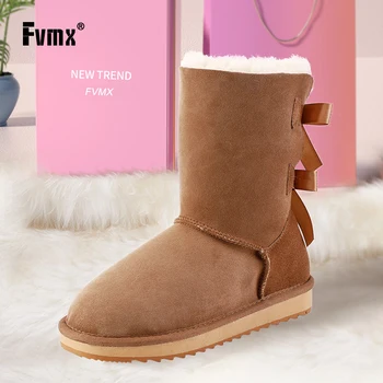 

FVMX classic Sheepskin Suede cow Leather Wool Fur Lined Mid-calf Winter warm Snow Boots for women Casual Shearling women's Boots