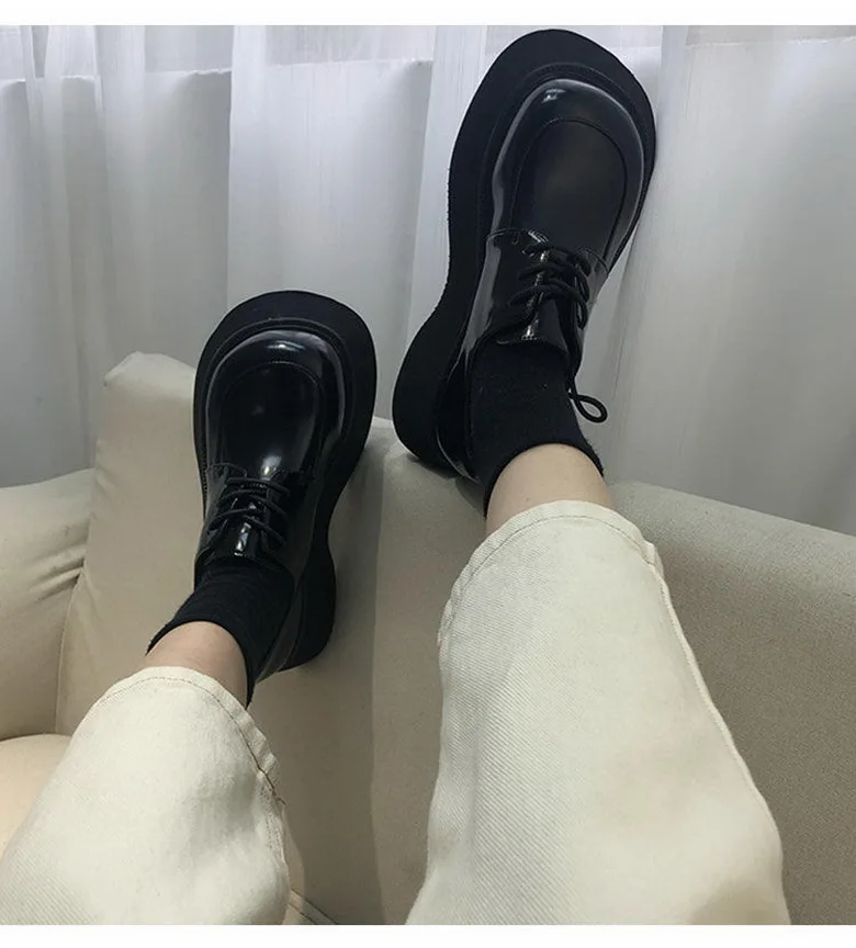 Platforms Shoes Women Bottom Heels Woman Autumn Shoes Round Big toe Shoe British Style Girls Faves Footwear Slip On Black