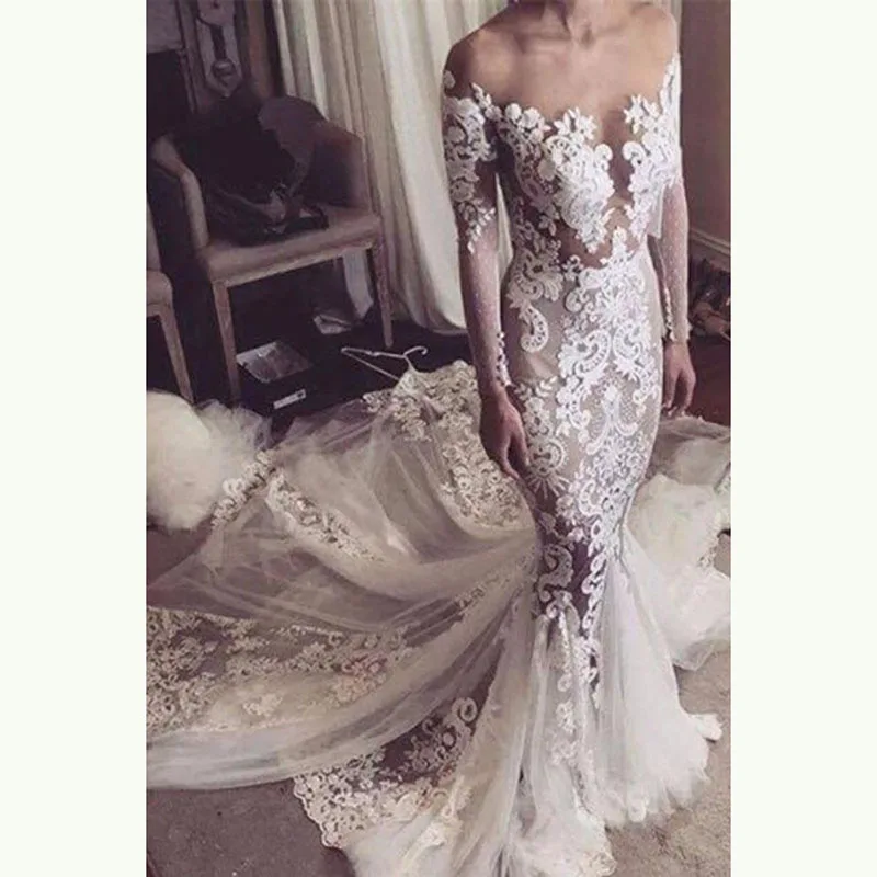 Wholesale Elegant Lace Mermaid Long Sleeves Wedding Dresses for Bride Sheer Bateau Neck Bridal Wedding Gowns Illusion Back Slim 
Wholesale Elegant Lace Mermaid Long Sleeves Wedding Dresses for Bride Sheer Bateau Neck Bridal Wedding Gowns Illusion Back Slim