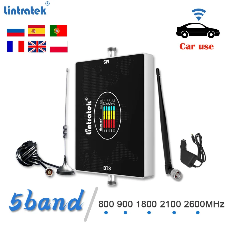 

Lintratek 5 band Car Use Signal Booster 800 900 1800 2100 2600 GSM Cellular Amplifier 2G 3G 4G DCS LTE Mobile Phone Repeater Kit