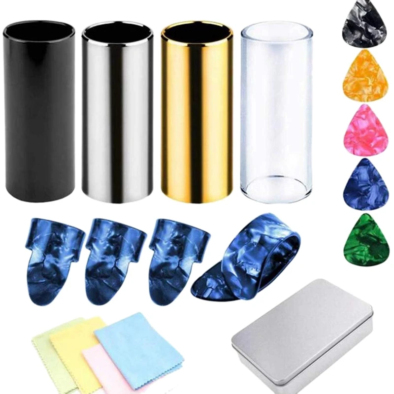 4 Pieces Medium Guitar Slides (Include 3 Colors Stainless Steel, 1 Pieces Glass), 5 Pieces Guitar Picks (Ran Color) and 4 Pie
4 Pieces Medium Guitar Slides (Include 3 Colors Stainless Steel, 1 Pieces Glass), 5 Pieces Guitar Picks (Ran Color) and 4 Pie