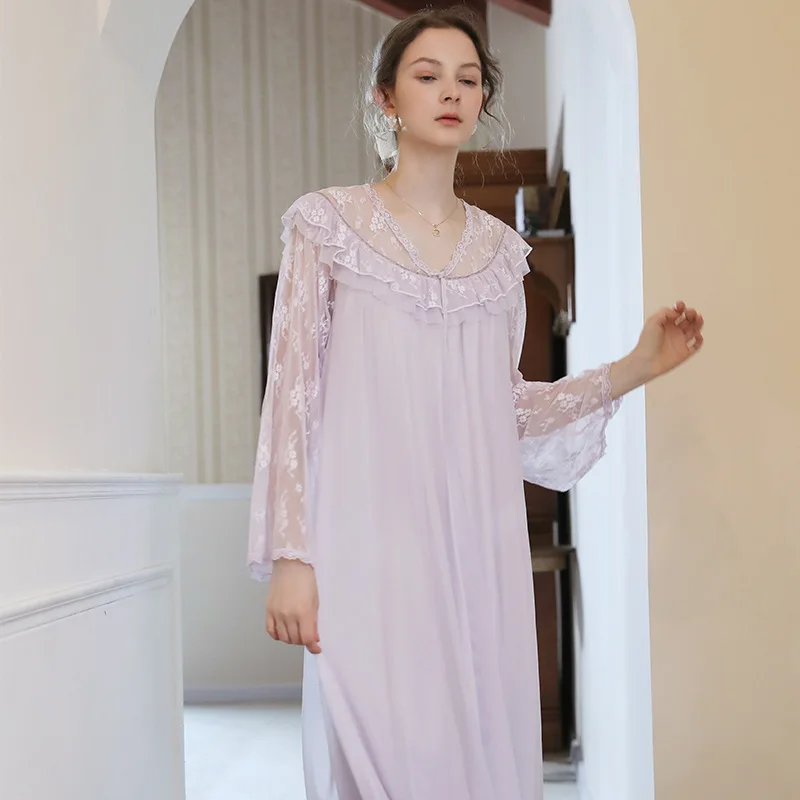 French New Mesh Autumn Nightdress Women Thin Long-sleeve Retro Court Lace Loose Long Nightgowns V-Neck Solid Sleepshirts Dress
French New Mesh Autumn Nightdress Women Thin Long-sleeve Retro Court Lace Loose Long Nightgowns V-Neck Solid Sleepshirts Dress