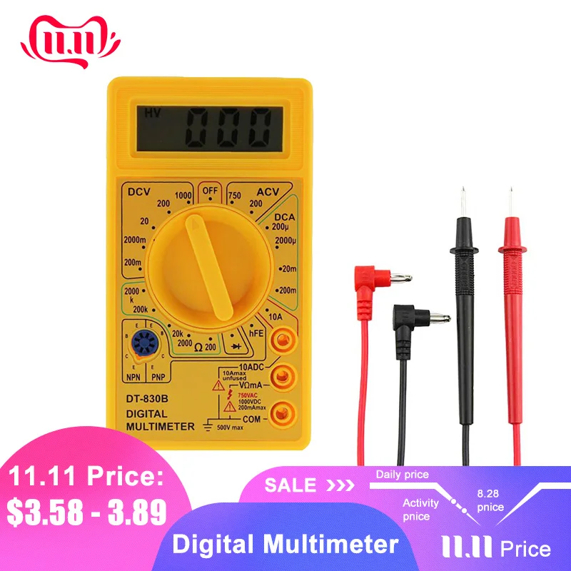 Universal Meter Digital Multimeter LCD Display DC AC Voltage Current 10A Input Triode Test DT-830B Low Battery Max 1999
Universal Meter Digital Multimeter LCD Display DC AC Voltage Current 10A Input Triode Test DT-830B Low Battery Max 1999