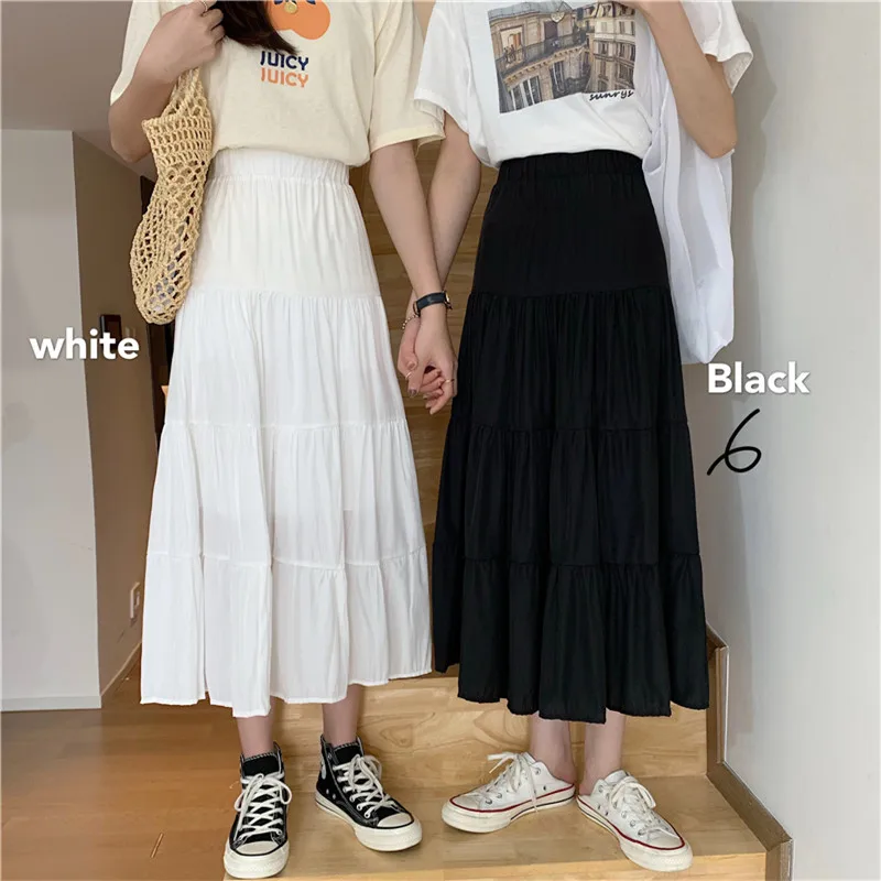 

Юбка женская трапециевидная с завышенной талией, модная шикарная эластичная белая черная юбка в винтажном стиле, Студенческая длинная юбка, весна-осень