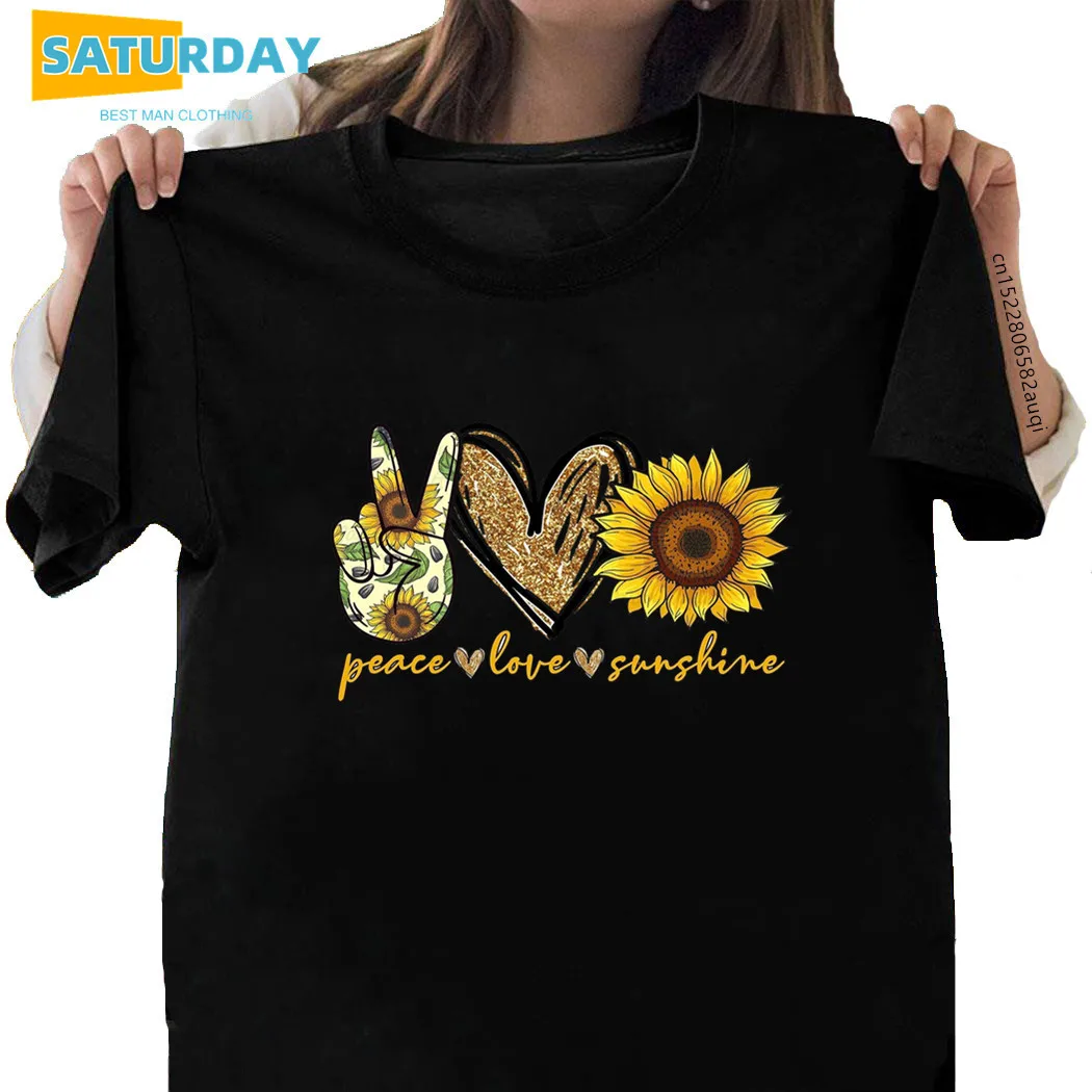 Женская хлопковая футболка с надписью Peace Love Sunshine повседневная черная в стиле