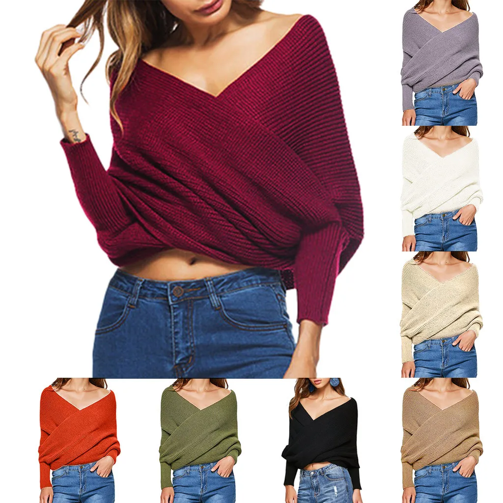 Jaycosin Fashion Casual Simple Lady Long Sleeve Cross Shoulders Cape Sweater Stylish Comfortable Soft Solid Color Blouse