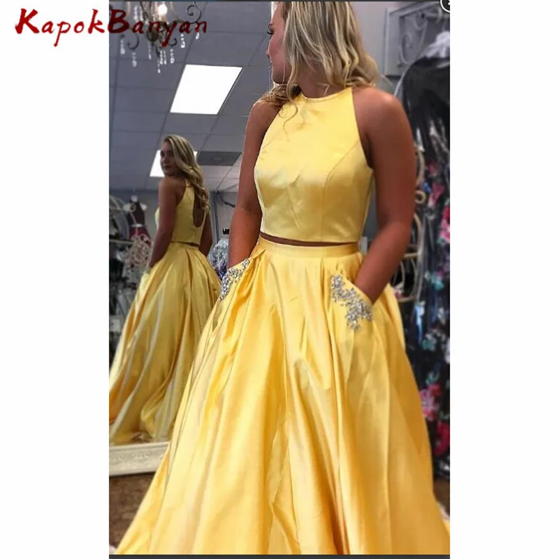 Two Pieces Yellow A-line Prom Dress with Pockets Sweep Train Long Satin Formal Evening Party Gown
Two Pieces Yellow A-line Prom Dress with Pockets Sweep Train Long Satin Formal Evening Party Gown