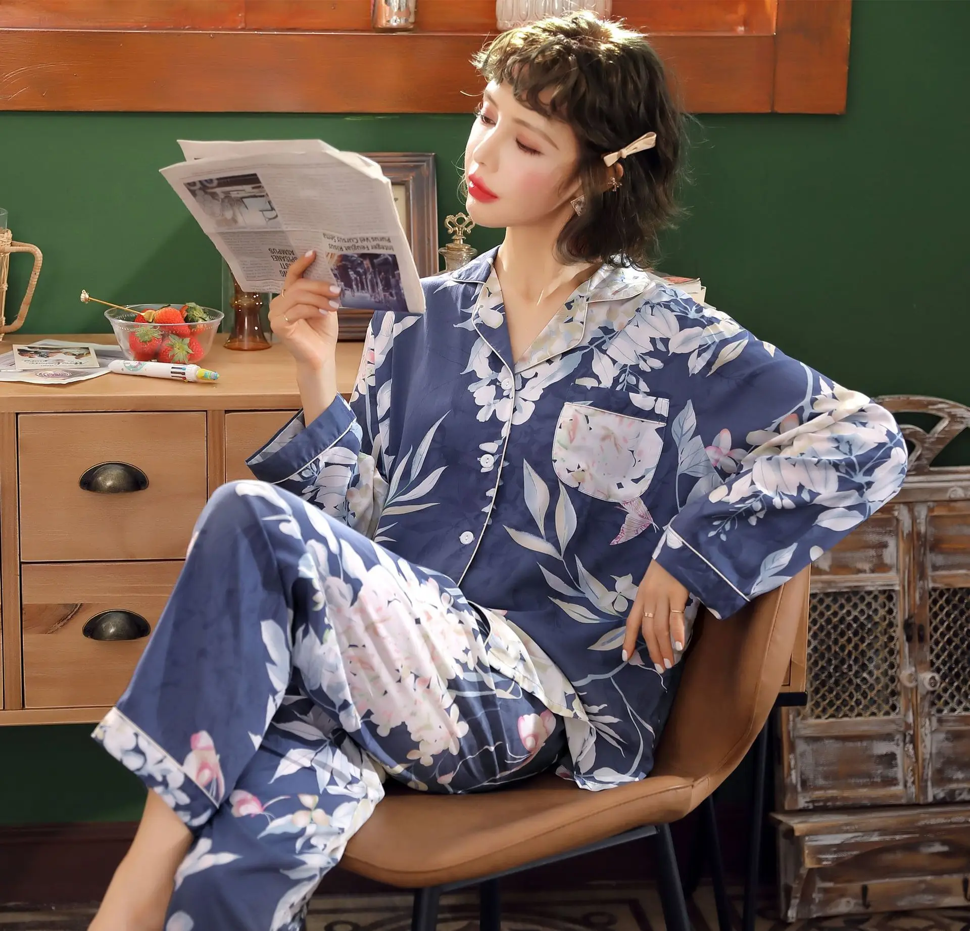Женские пижамы с длинным рукавом весенне-осенние хлопковые тонкие длинные штаны