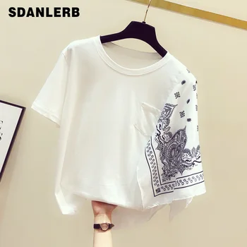 Irregular T-shirt Women's Spring and Summer 2020 New Panel Scarf Printed Round Neck Short Sleeve White T-shirt Top Tshirt Tee 
Irregular T-shirt Women's Spring and Summer 2020 New Panel Scarf Printed Round Neck Short Sleeve White T-shirt Top Tshirt Tee