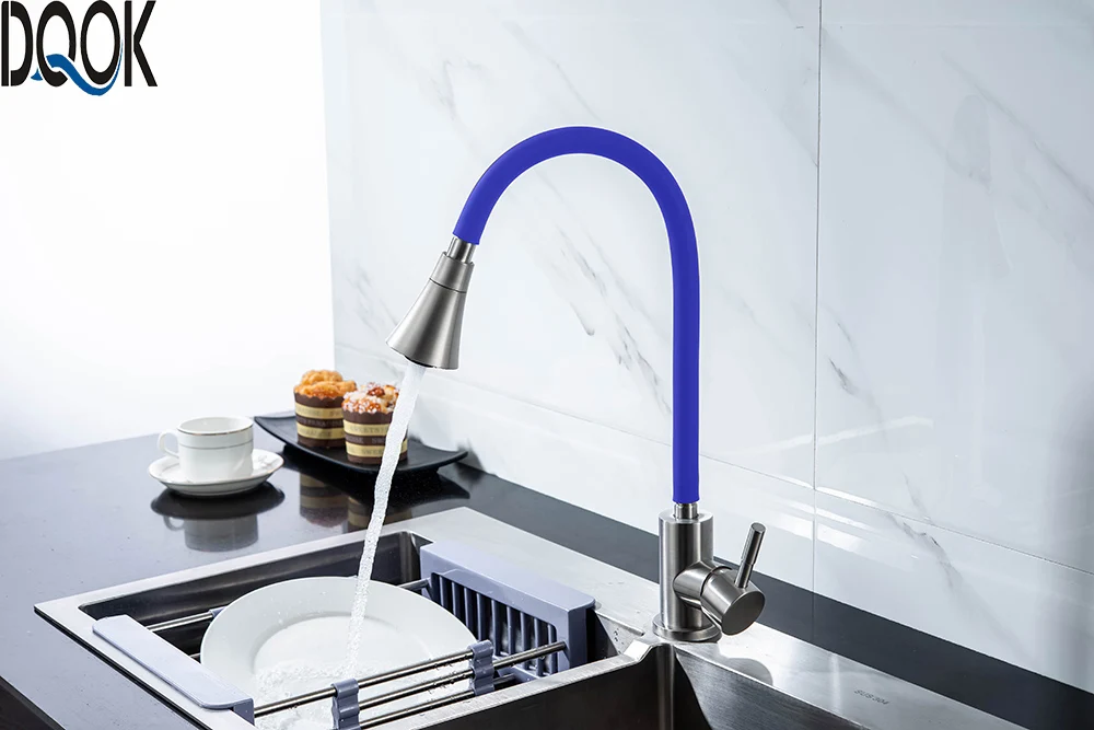 DQOK Silica Gel Nose Any Direction Rotating Kitchen Faucet Cold and Hot Black Blue Water Mixer Red Single Handle Kitchen Tap