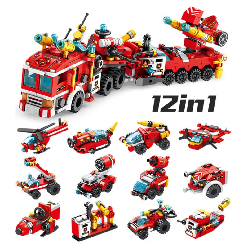 

557pcs Fire Fighting 12in1 Trucks Car Helicopter Boat Building Blocks City Firefighter Truck Enlighten Bricks Children Toy Gift