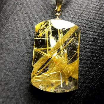 Certificate Natural Gold Rutilated Quartz Titanium Pendant 25*16.5*7.3mm Clear Rectangle Wealthy Stone Crystal Necklace AAAAA