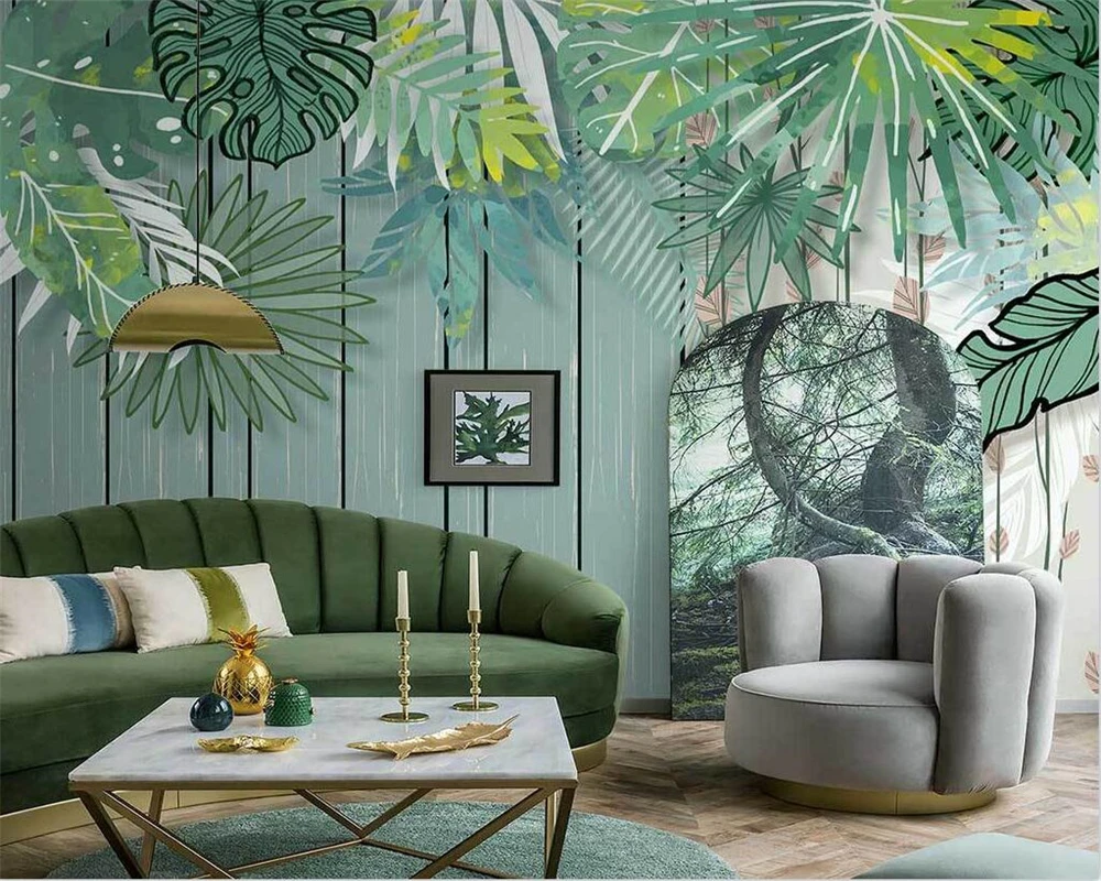 

beibehang Customized modern papier peint nordic hand-painted tropical plant banana leaf rainforest indoor background wallpaper