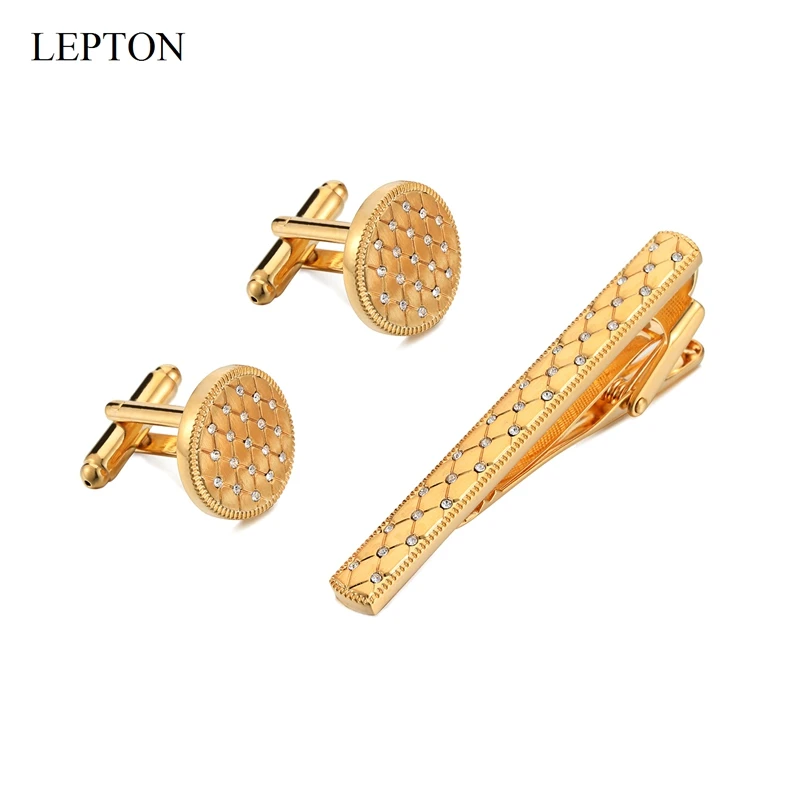 

Low-Key Luxury Crystal Cufflinks for Mens Matel Gold Color Cuff links and Tie Clip Set Wedding Groom CuffLink Business Best Gift