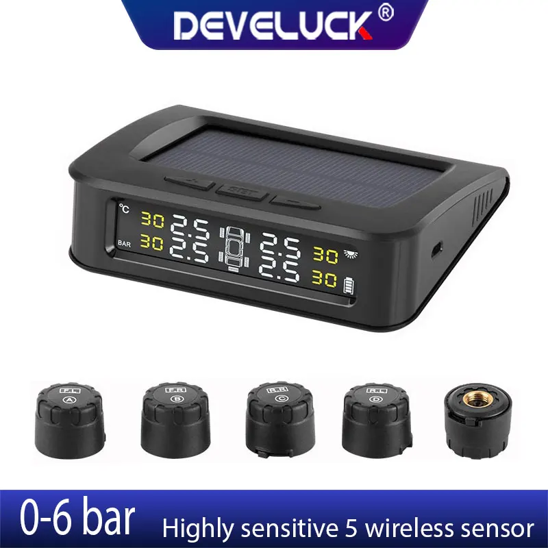 TPMS Car 5 Tire sensors Pressure Alarm Monitor System Display Solar charge pressure control Warning with External sensors 6 bar
TPMS Car 5 Tire sensors Pressure Alarm Monitor System Display Solar charge pressure control Warning with External sensors 6 bar