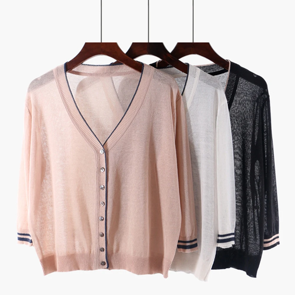Summer Thin Sun Protection Knitted Cardigan Perspective Loose Sweater Cardigans V Neck Striped Sleeved Air Conditioning Shirt
Summer Thin Sun Protection Knitted Cardigan Perspective Loose Sweater Cardigans V Neck Striped Sleeved Air Conditioning Shirt