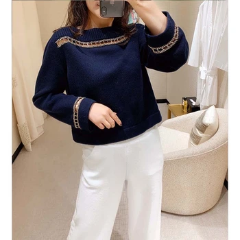 Cosmicchic 2020 Runway Women Cashmere Pullover Sweater Navy Blue Long Sleeve Hedging Hollow Chain Word Collar Knitted Jumper
Cosmicchic 2020 Runway Women Cashmere Pullover Sweater Navy Blue Long Sleeve Hedging Hollow Chain Word Collar Knitted Jumper