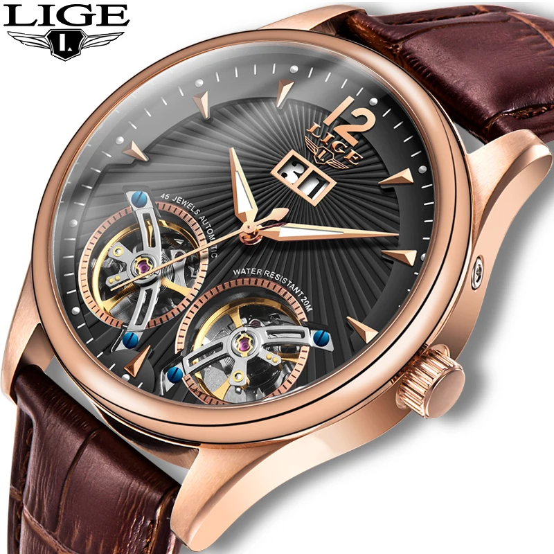Новинка 2020 мужские часы LIGE роскошные механические с двойным турбийоном и кожаным