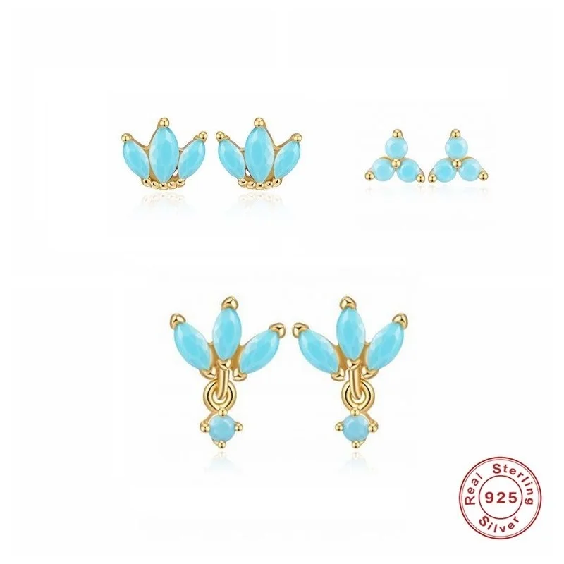 

Aide 925 Sterling Silver Stud Earrings Delicate Turquoise Small Crown Micro-Set Boho Earring Fine Jewelry Niche Design Orecchini